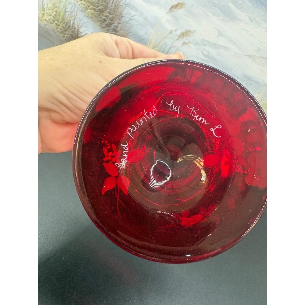 Fenton Ruby Red Glass Pedestal Candy Dish Hand Painted Floral Ruffled Rim Kim L